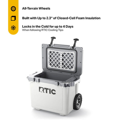 RTIC 22 QT Ultra-Light Wheeled Hard-Sided Ice Chest Cooler, Fits 28 Cans, 6 Wine Bottles, White & Grey