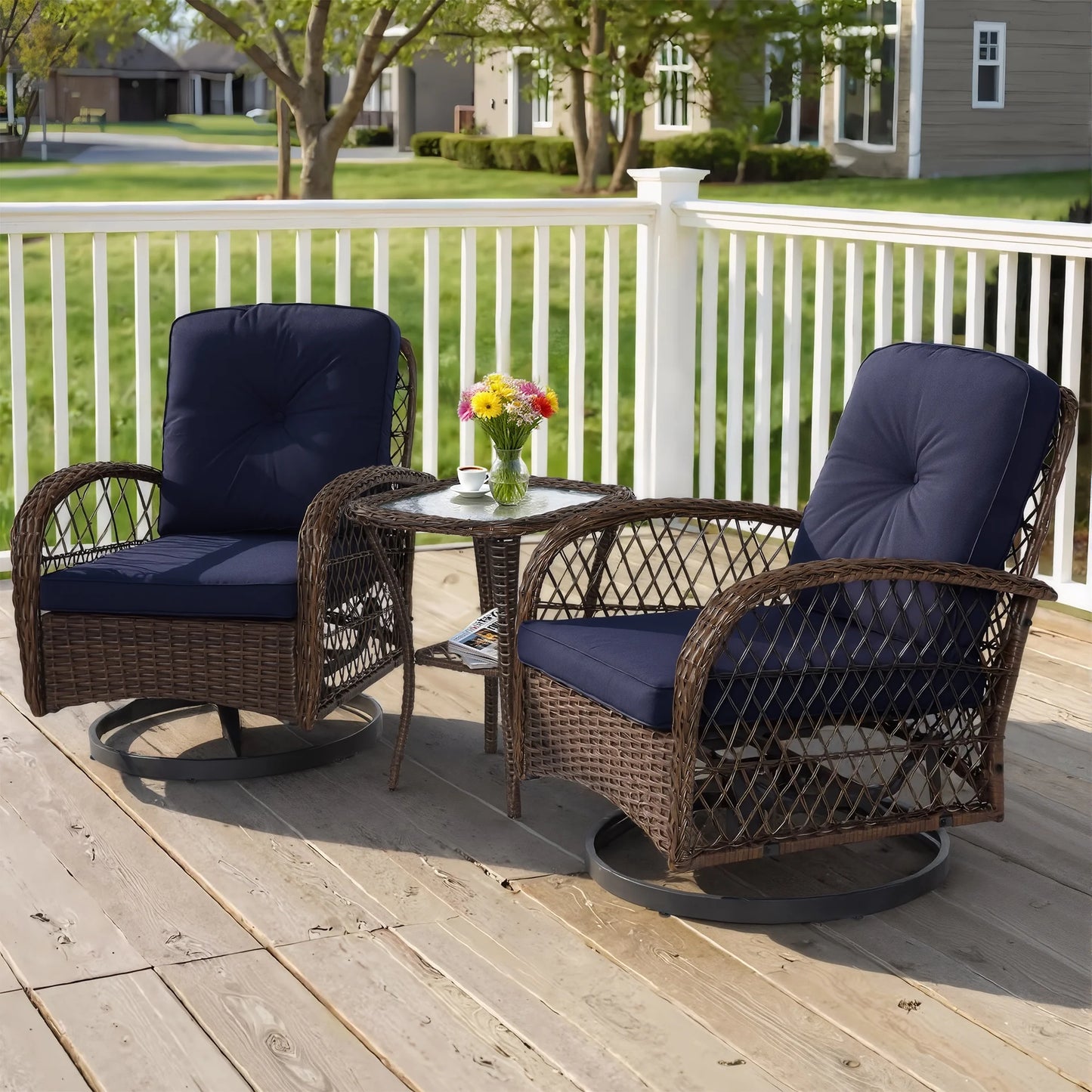 3 Piece Patio Swivel Rocker Chairs Set, 2 360-Degree Swivel Rocking Chairs with 1 Glass Top Table, PE Rattan Outdoor Bistro Set with Cushions for Balcony Deck Poolside Backyard Porch