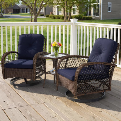 3 Piece Patio Swivel Rocker Chairs Set, 2 360-Degree Swivel Rocking Chairs with 1 Glass Top Table, PE Rattan Outdoor Bistro Set with Cushions for Balcony Deck Poolside Backyard Porch