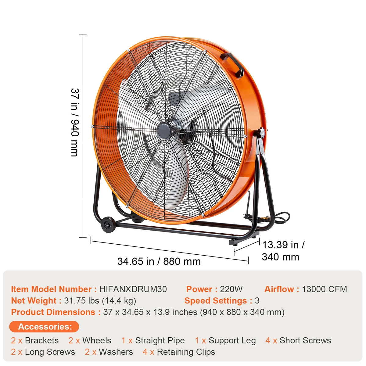 KFFKFF Industrial Drum Fan, 30 Inch with High Speed, 3-Speed 13000CFM, Heavy Duty for Commercial Purposes, 360° Flexible Tilt Mechanism, Ideal for Warehouse, Workshop, Factory, and Basement