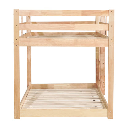 Twin Over Twin Floor Bunk Bed, UHOMEPRO Solid Wood Low Bunk Bed with Safety Rail, Ladder, Heavy Duty Bunk Beds, Space-Saving Bedroom Dorm Furniture, Gray