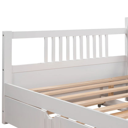 Daybed with Trundle Included, Full Size Daybed Bed Frame with Headboard and Footboard, Living Room Sofa Bed with Pull Out Bed, Wood Single Bed for Kids Boys Girls, No Box Spring Needed, White, J948