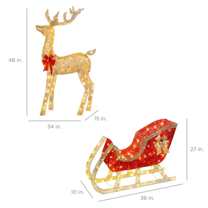 Best Choice Products Lighted Christmas 4ft Reindeer & Sleigh Outdoor Yard Decoration Set w/ 205 LED Lights, Stakes