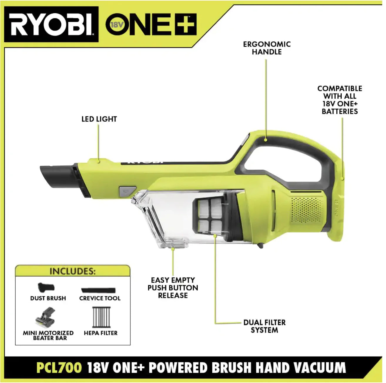 18V Cordless Hand Vacuum With Powered Brush (Tool ) Black Green (PCL700B)