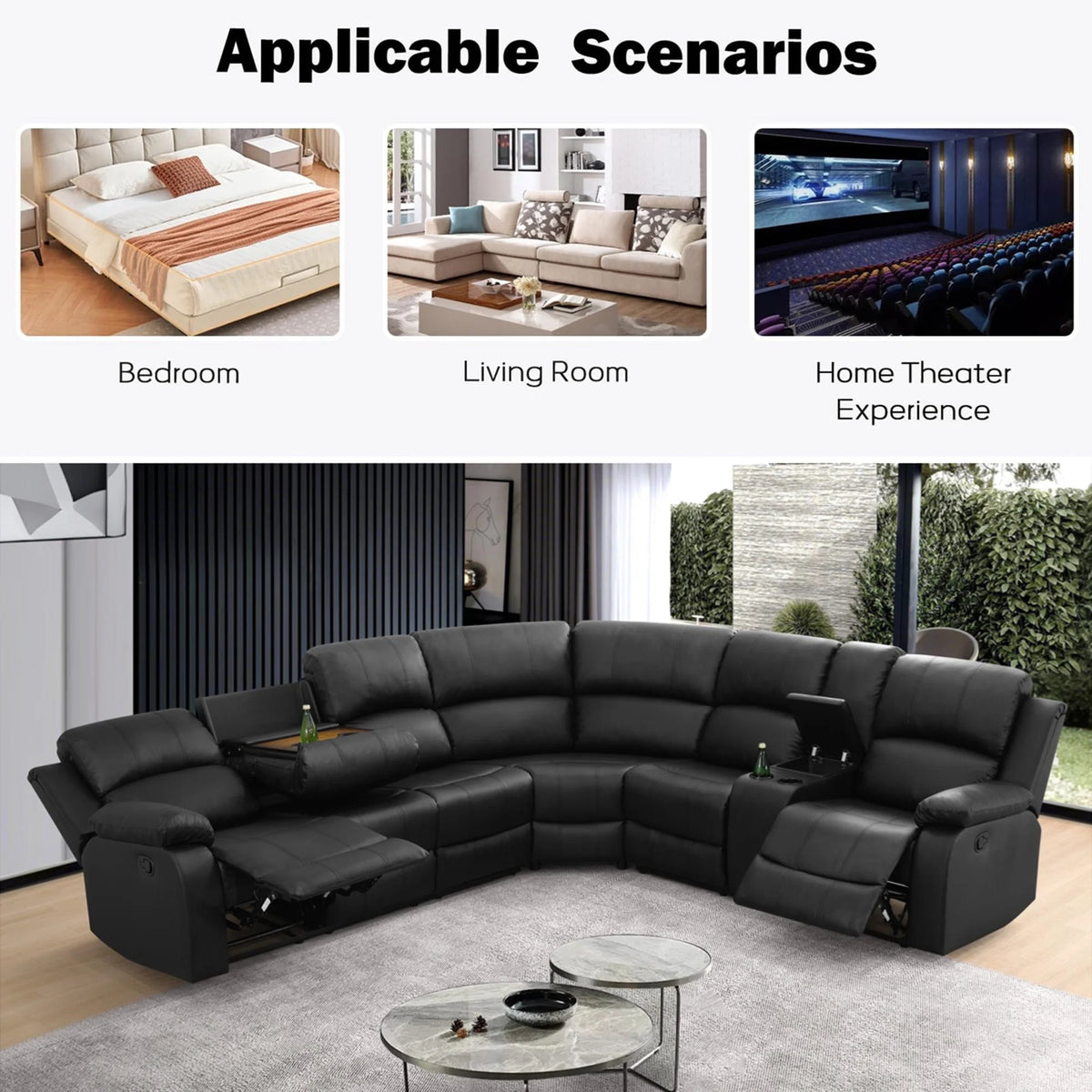 Aukfa 3-Piece Recliner Sofa Set, 6 Seat Sectional Couch with Cup Holders&Storage Console, Gray