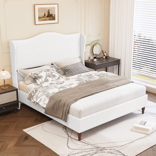 Neche Queen Upholstered Bed Frame with 51" Tall Headboard Classic Curved Wingback Platform Bed with Soft Fabric, Retro Simple Sleigh Bedframe No Box Spring Needed/Easy Assembly, White