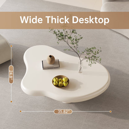Guyii Cream White Coffee Table with 4 Legs, Irregular Side Table, Modern Wood Tea Table for Living Room, Apartment, Office