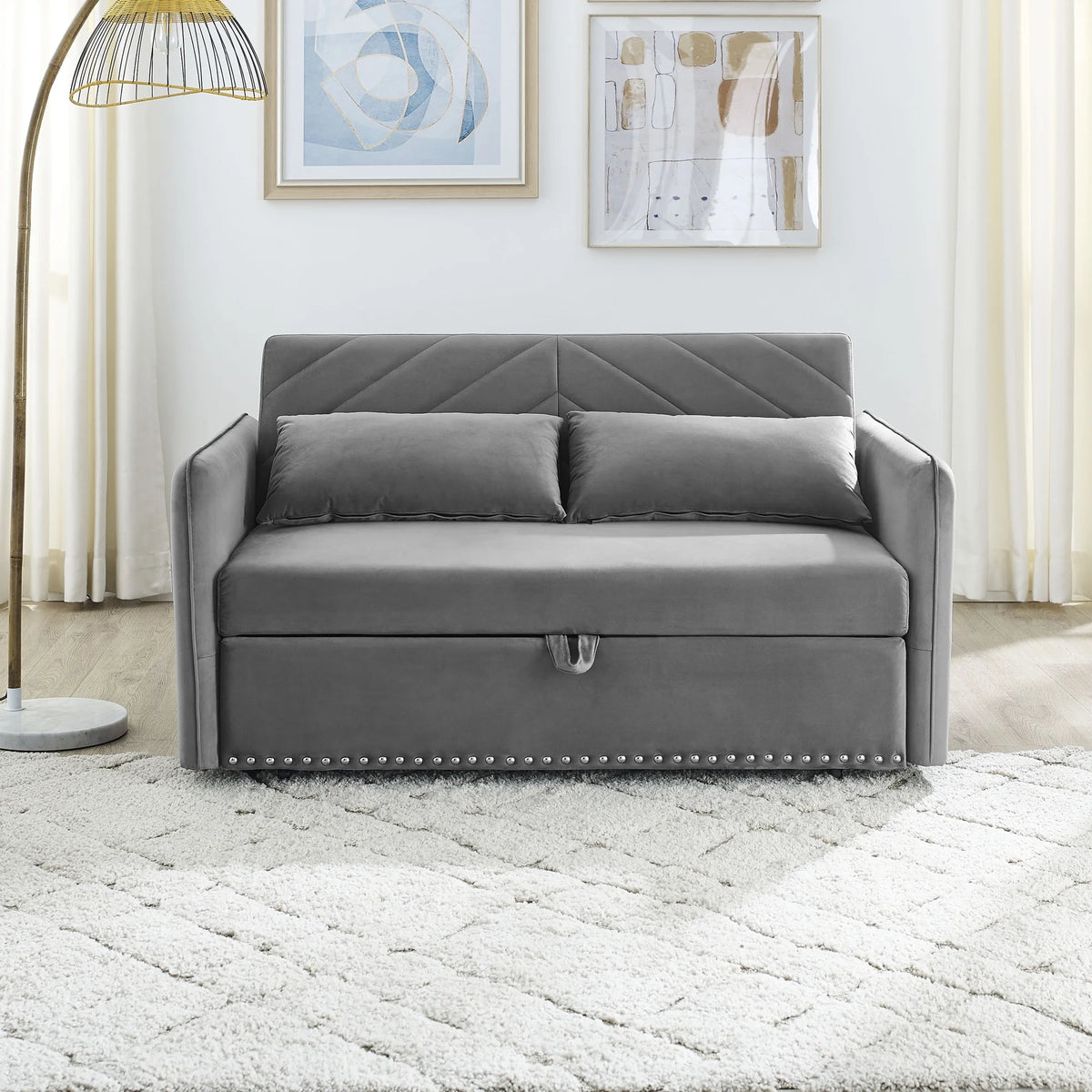 55" Convertible Sleeper Sofa Bed,3 in 1 Convertible Sleeper Loveseat with USB Ports,Modern Velvet Pull Out Sofa Bed with 2 Pillows and Rivet Design for Living Room Furniture,Gray