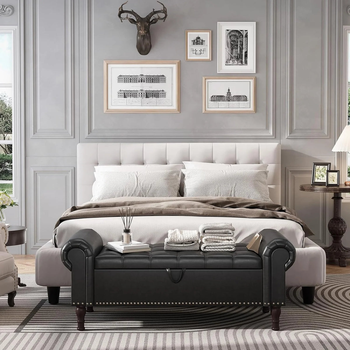 YOUDENOVA Storage Ottoman Bench for Bedroom 51" Queen Leather Storage Bench with Button, Upholstered Bedroom Bench with Rolled Arms for Living Room, Storage Room, Entryway, Gray