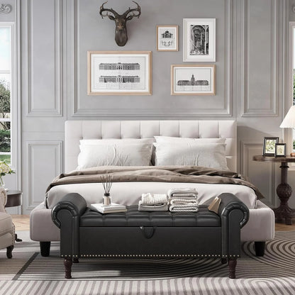 YOUDENOVA Storage Ottoman Bench for Bedroom 51" Queen Leather Storage Bench with Button, Upholstered Bedroom Bench with Rolled Arms for Living Room, Storage Room, Entryway, Gray