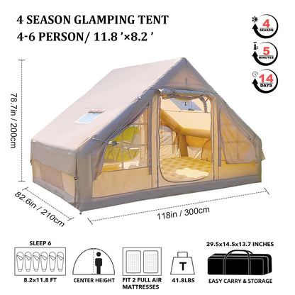 9.8' x 7' Inflatable Camping Tent,4 Season Blow up Tents for Camping, 4-6 Person Inflatable Tent with Stove Jack,Air Tents,Glamping Tent,Waterproof Luxury House with Mesh Window