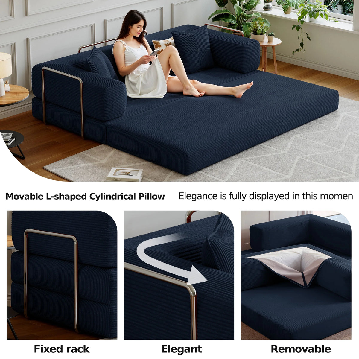 Convertible Sleeper Sofa Bed,Compressed Floor Boneless Couch,Modular Modern Corduroy Sofa for Living Room Bedroom -with Fixed-Shape Frame and Support Armrest,Easy Assembly(Green)