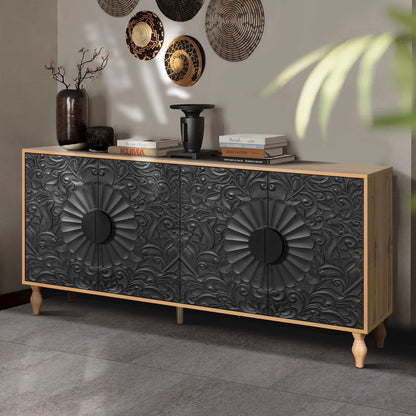 Aukfa 63" Large Accent Storage Cabinet TV Stand with Carved Door for Living Room,Entryway,Natural
