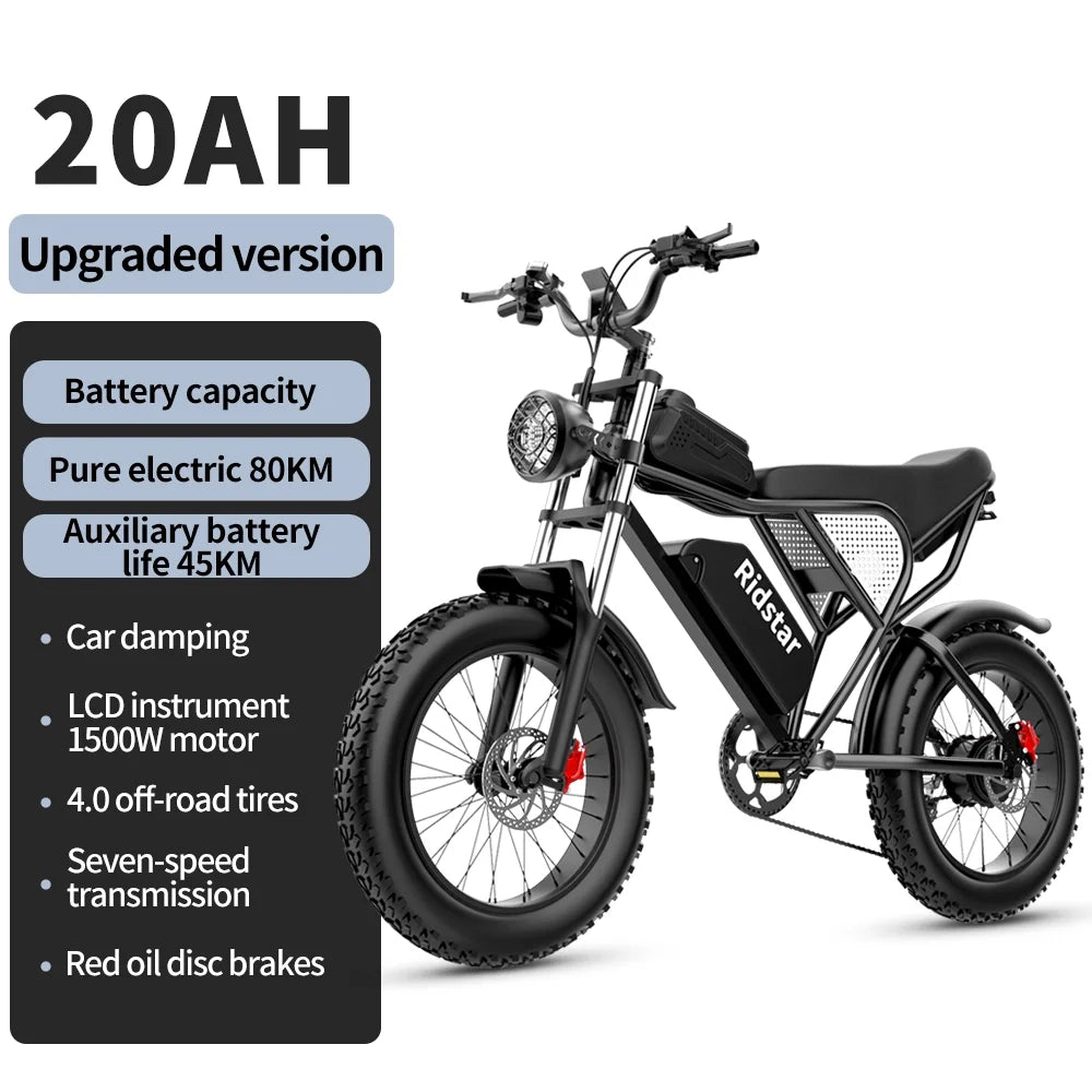 1500W MTB Electric Bicycle 48V 20Ah Removable Battery E-Bike��Electric Bike for Adults 20" Fat Tire Electric Motorcycle, Shimano 7 speed Full Suspension Mountain Bike UL2849