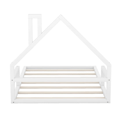 Euroco Twin Size Wood Floor Bed for Kids Room, Toddler House Bed, Natural