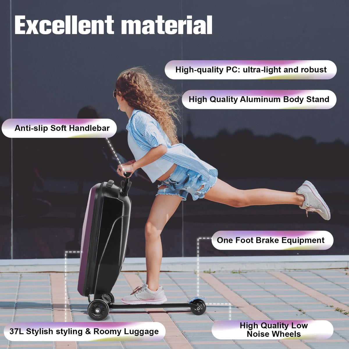 Advwin Scooter Luggage for Kids & Adults, Hardside Ride on Suitcase for Kids Ages 4-15 Multifunctional Lightweight Foldable Carry on Luggage with Wheels Ride on for Children Teenagers, Pink