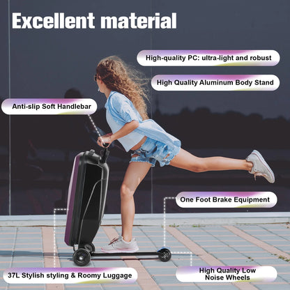 Advwin Scooter Luggage for Kids & Adults, Hardside Ride on Suitcase for Kids Ages 4-15 Multifunctional Lightweight Foldable Carry on Luggage with Wheels Ride on for Children Teenagers, Pink