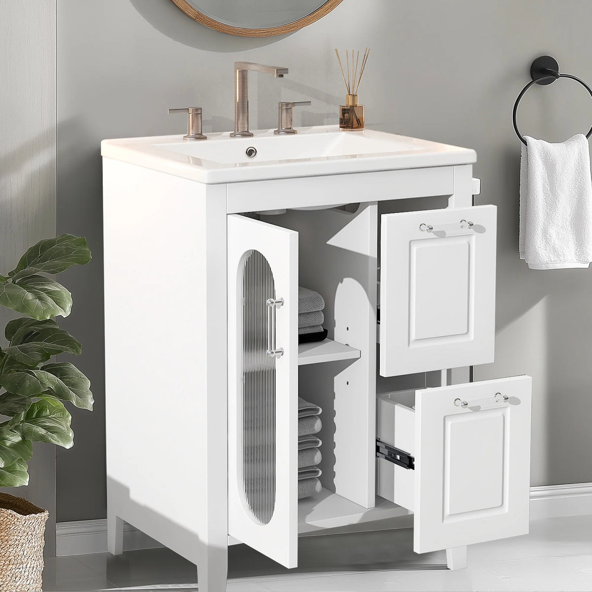 Soges 24" Bathroom Vanity with Ceramic Sink, Solid Wood Bathroom Makeup Cabinet with Door, Adjustable Shelf and 2 Drawer, Free Standing Single Basin Vanity Set for Small Bathroom, White