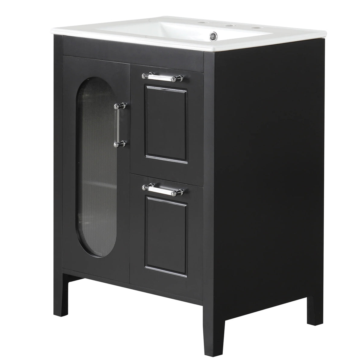 Soges 24" Bathroom Vanity with Ceramic Sink, Solid Wood Bathroom Makeup Cabinet with Door, Adjustable Shelf and 2 Drawer, Free Standing Single Basin Vanity Set for Small Bathroom, White