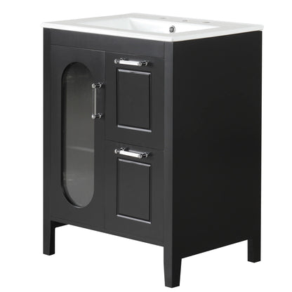 Soges 24" Bathroom Vanity with Ceramic Sink, Solid Wood Bathroom Makeup Cabinet with Door, Adjustable Shelf and 2 Drawer, Free Standing Single Basin Vanity Set for Small Bathroom, White