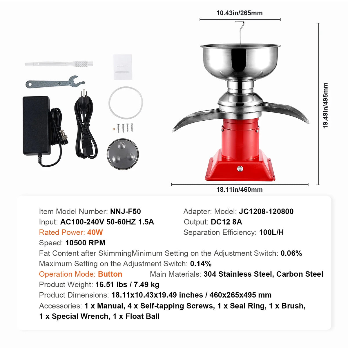 KFFKFF Dairy Cream Spin Separator, Constructed from 304 Stainless Steel, Electrical Cream Dividers, 100L/H Production 10500RPM Bovine Milk Separator, 30W Bovine Cream Separator, Milk Clarifier