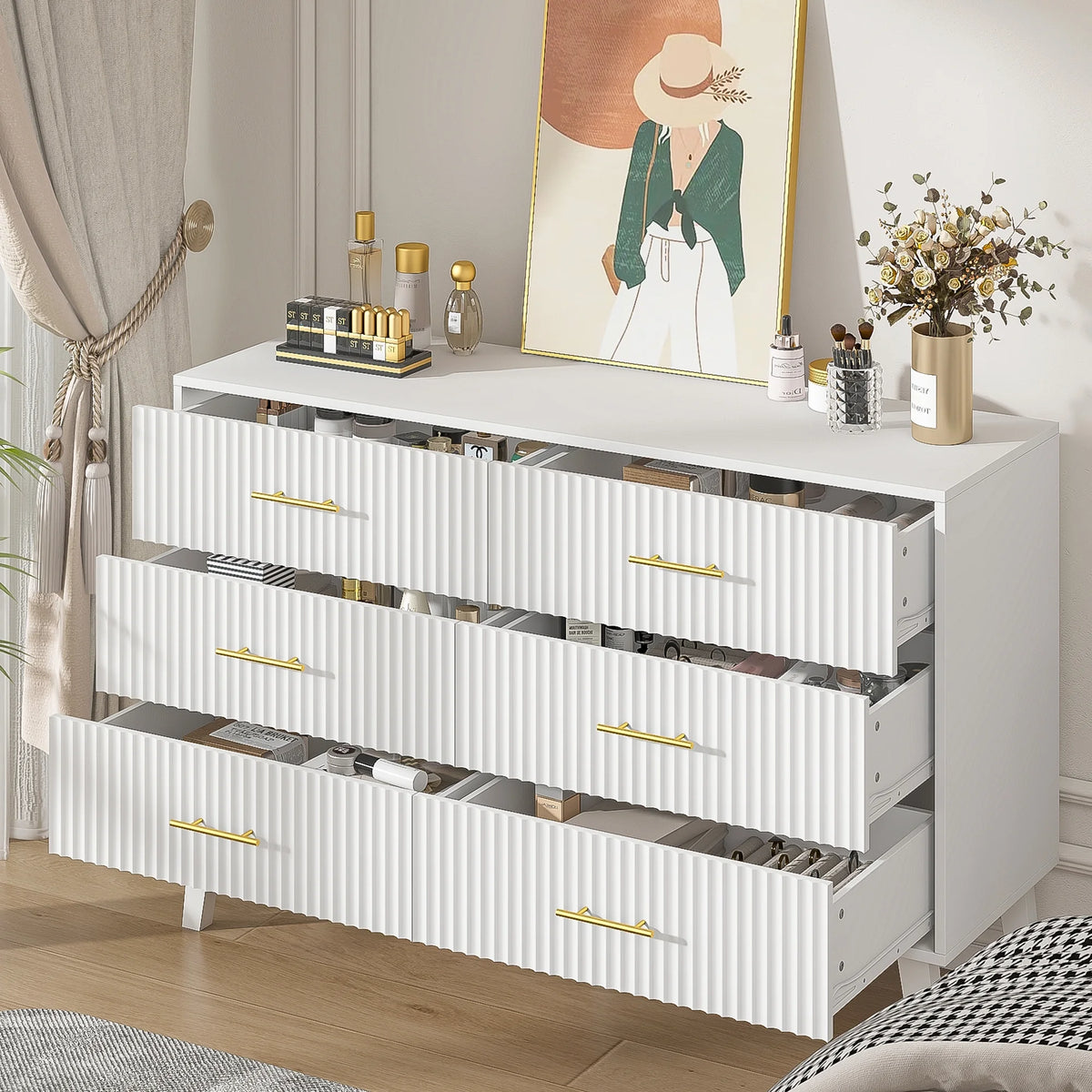 Fluted 6 Drawers Dresser, Wide Modern Chest of Drawers, 6 Drawer Double Dresser