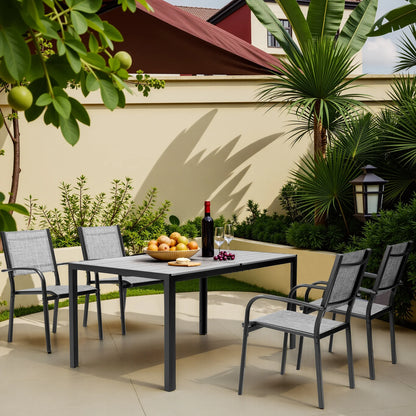 7 Piece Outdoor Dining Set, Patio Dining Table Set for 6 Persons, Garden Patio Textilene Dining Furniture Set with Plastic-Wood Tabletop, Dining Table Chairs Conversation Set for Deck Patio