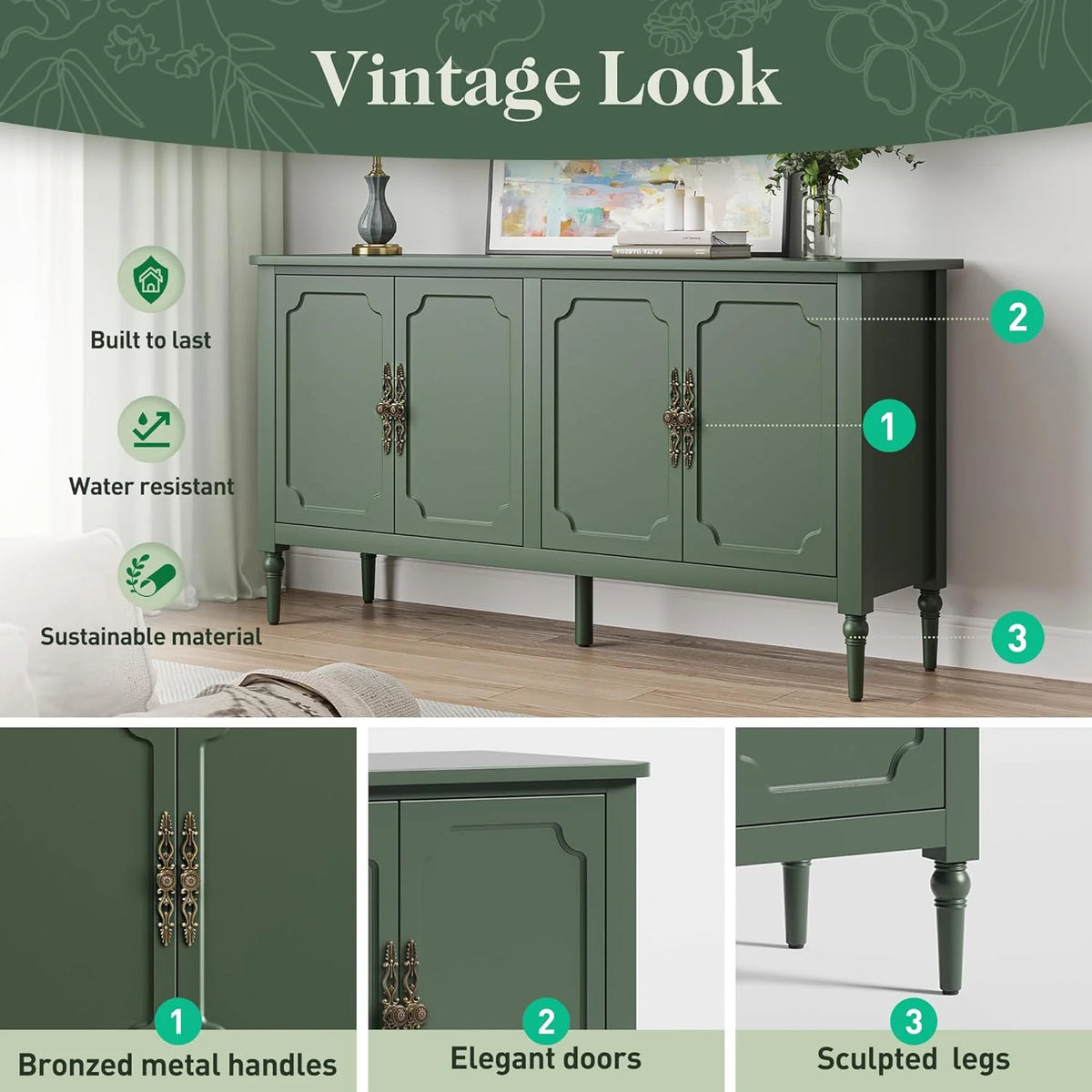 May in Color Console Cabinet, 58'' Wood Sideboard Buffet Cabinet with Storage & 4 Doors, Mid Century Modern Pantry Cabinet for Entryway, Living Room, Bedroom, Dining Room, Green