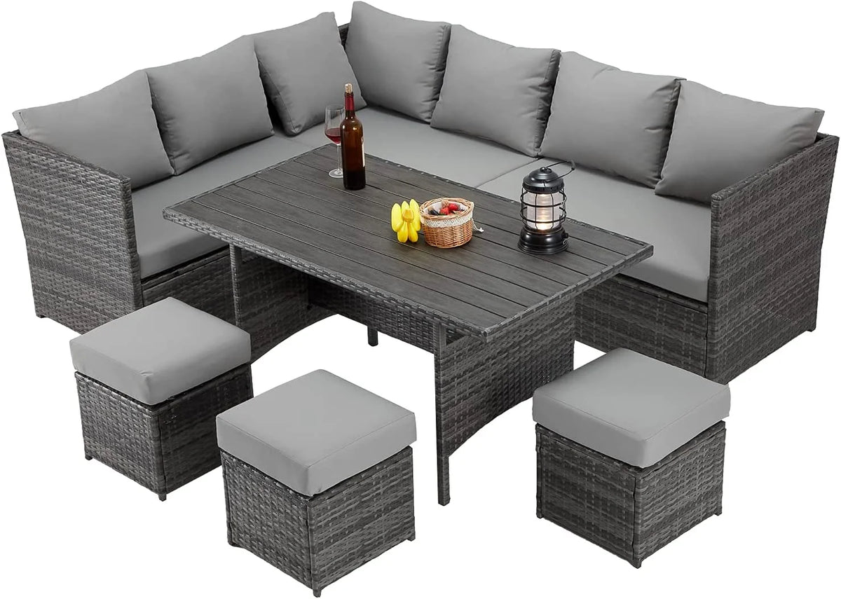 AECOJOY Outdoor 7-Piece Rattan Wicker Sectional Sofa Couch, Patio Dining Conversation Set, Gray
