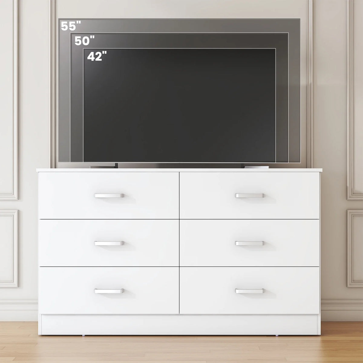 Winkalon 6 Drawer White Double Dresser, Wood Storage Cabinet with Easy Pull Out Handles for Living Room,Chest of Drawers for Bedroom