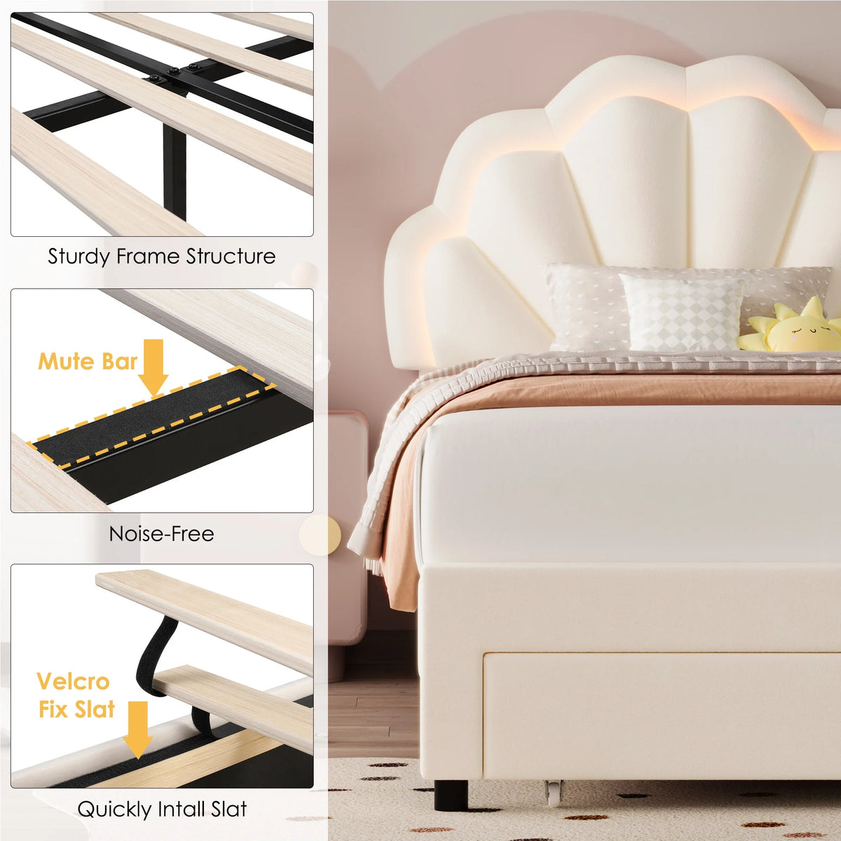 Homfa Twin Bed Frame with Storage & LED Light, Velvet Upholstered Platform Twin Bed with Adjustable Petal Headboard, Beige