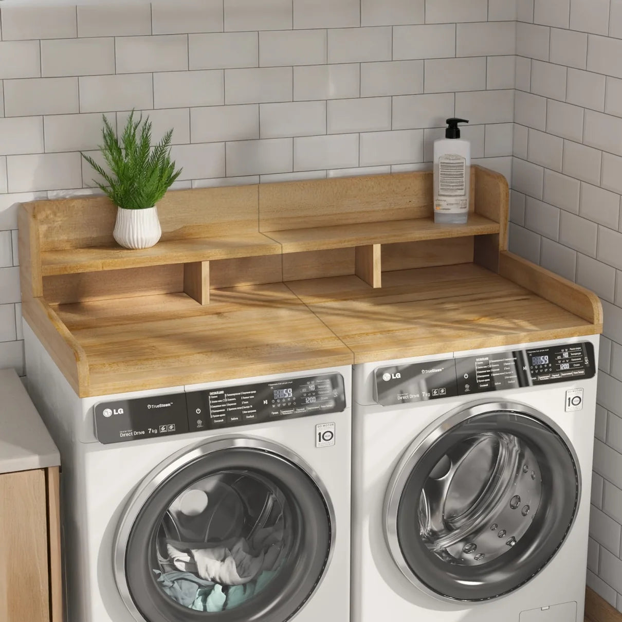 Wood 2-Tier Washer Dryer Countertop with Edge Rails, 54" W x 27.5" D Washer and Dryer Topper for Laundry Room Organization and Storage, Walnut