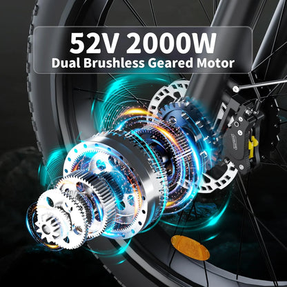 Fat Tire E-bike 2000W Ebike for Adults, 52V 22.4AH Battery Dual Motor 26" Full Suspension Electric Bicycles 35MPH AWD Mountain E Bike Hydraulic Brakes