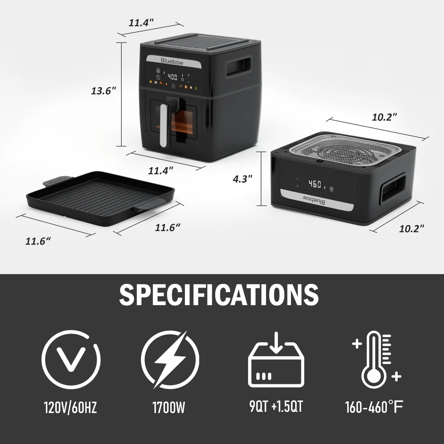 Bluebow 9QT  Air Fryer & Grill Pan Combo, Large Capacity, 8 Preset Functions, Non Toxic, Non-Stick, View Window, Black
