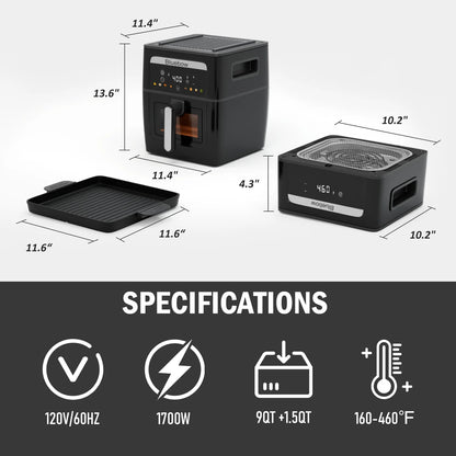 Bluebow 9QT  Air Fryer & Grill Pan Combo, Large Capacity, 8 Preset Functions, Non Toxic, Non-Stick, View Window, Black