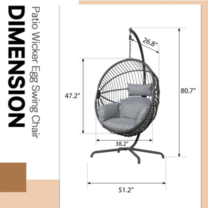 Indoor Outdoor Swing Egg Chair with Stand, Patio Foldable Grey Wicker Rattan Hanging Chair with Cushion, Light Gray