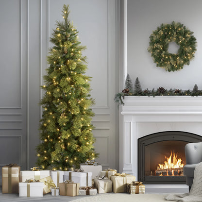 9 ft Pre-Lit Carolina Pine Slim Artificial Christmas Tree with 800 Clear Lights, Slim Profile