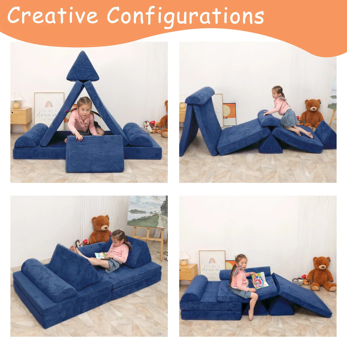 Tolead Play Couch for Kids Imaginative Furniture,6 pcs Kids Couch, Modular Sectional Sofa, Playhouse Play Set for Toddlers Babies, Girls and Boys Playroom Floor Sofa, Large, Navy Blue