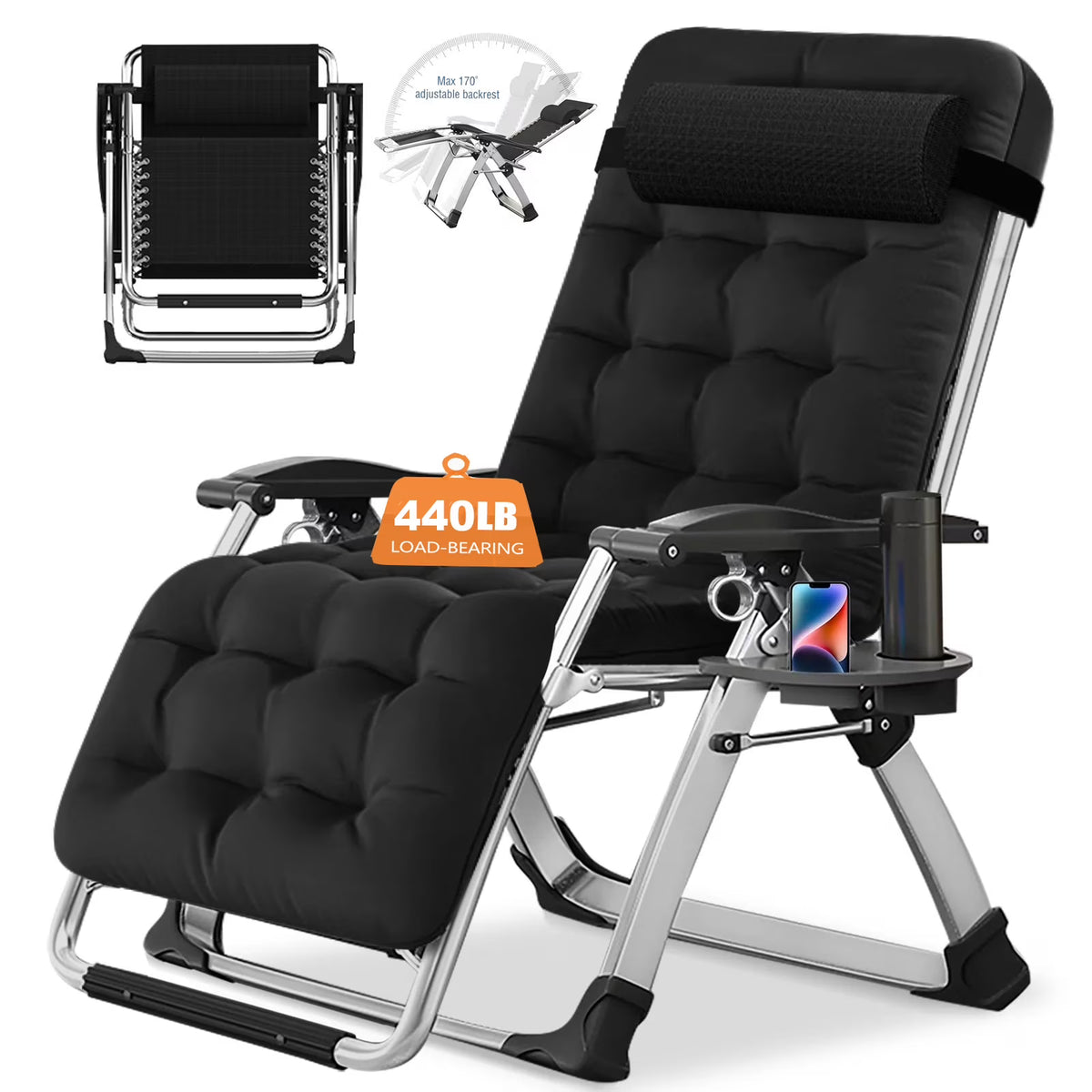 NAIZEA 2 Pack Zero Gravity Chair, Foldable Portable Lawn Recliner with Cushion, Headrest, Cup Holder, Black