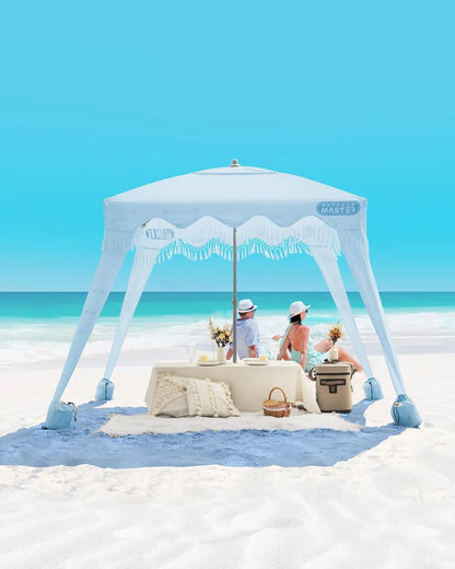 OutdoorMaster Beach Cabana with Fringe, Portable 6' x 6' Beach Canopy, Easy Set Up Beach Shelter, Included Side Wall, UPF 50+ UV Protection Sun Umbrella - for Kids, Family & Friends