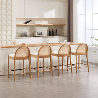 Guyou Modern Bar Stools Set of 2, 26" Counter Height Bar Stools with Natural Rattan Back and Solid Wood Frame, Sherpa Upholstered Kitchen Island Chairs for Bar Island Cafe Kitchen, Black
