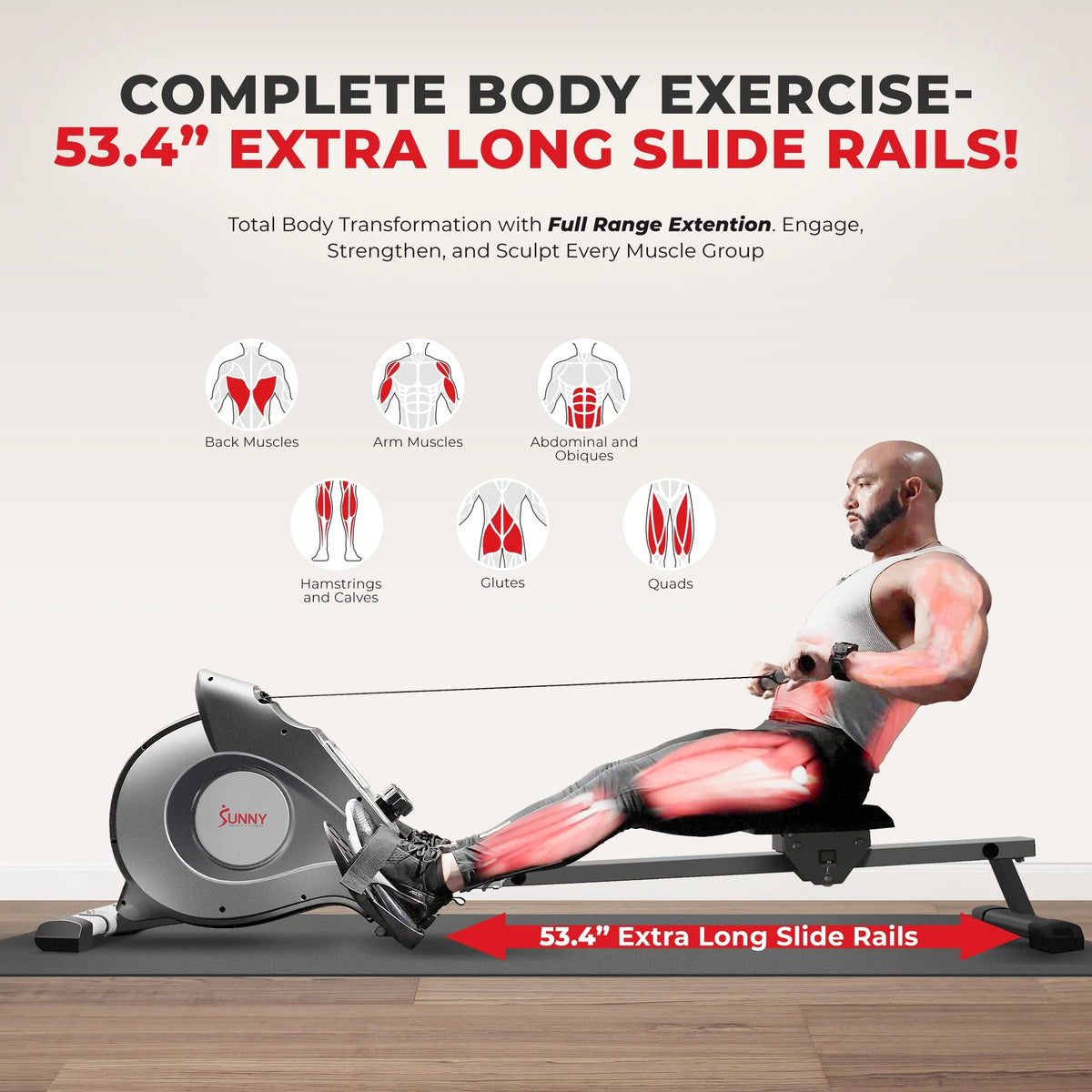 Sunny Health & Fitness 53.4" Extended Slide Rail Magnetic Rowing Machine Rower with Free SunnyFit App Membership - SF-RW5515