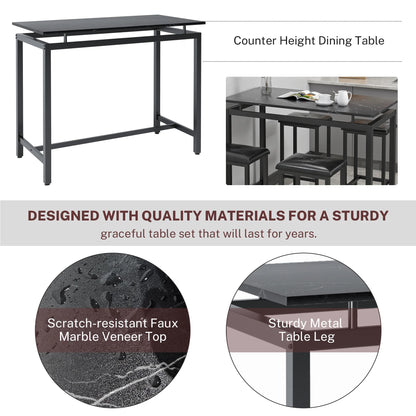 5 Piece Dining Set, Modern Dining Table and Chairs Set for 4, Counter Height Bar Table Set, Modern Pub Table with 4 Velvet Fabric Cushioned Stools, Faux Marble Dining Table & Stools Set, D9297