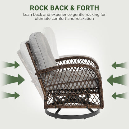3 Piece Patio Swivel Rocker Chairs Set, 2 360-Degree Swivel Rocking Chairs with 1 Glass Top Table, PE Rattan Outdoor Bistro Set with Cushions for Balcony Deck Poolside Backyard Porch