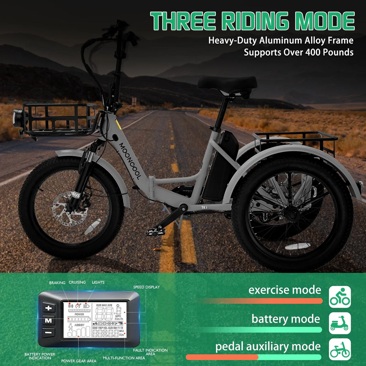 MOONCOOL TK1 Folding Electric Tricycle for Adults,48V 14.5Ah Removable battery, 500W（Peak 1000w）Motor, 20" Fat Tire Step-Thru 3Wheel Electric Bicycle w/Front&Rear Baskets, Certified to UL 2849 by SGS