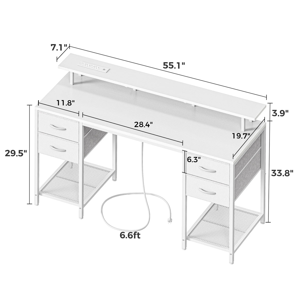 55.1" LED Gaming Desk with Drawers, Computer Desk with Outlets, Office Desk with 4 Drawers, Corner Desk, Writing Desk in White