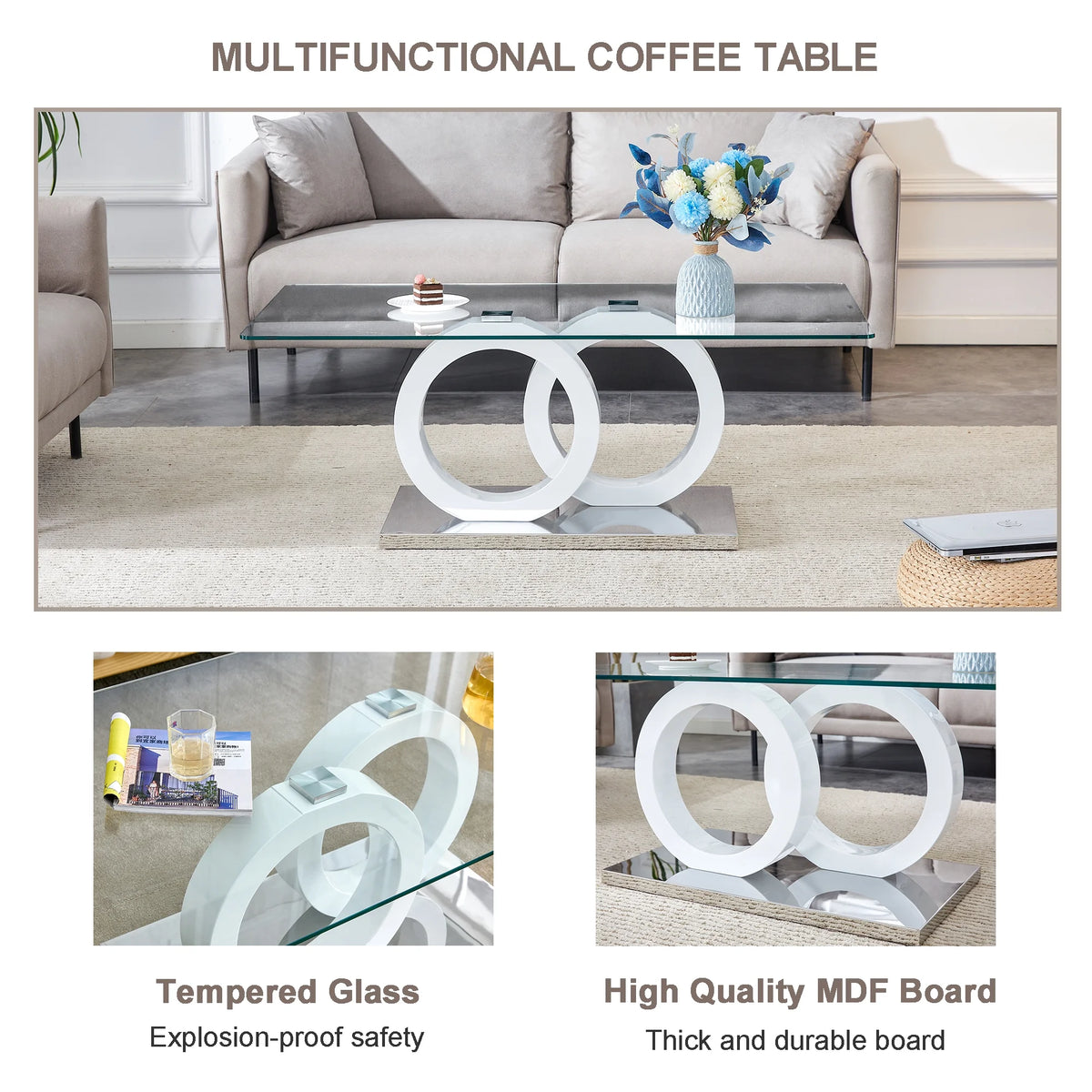 Sudica Rectangle Glass Coffee Table, Modern 47"x25" Tempered Glass Top Tea Table for Living Room, White Base