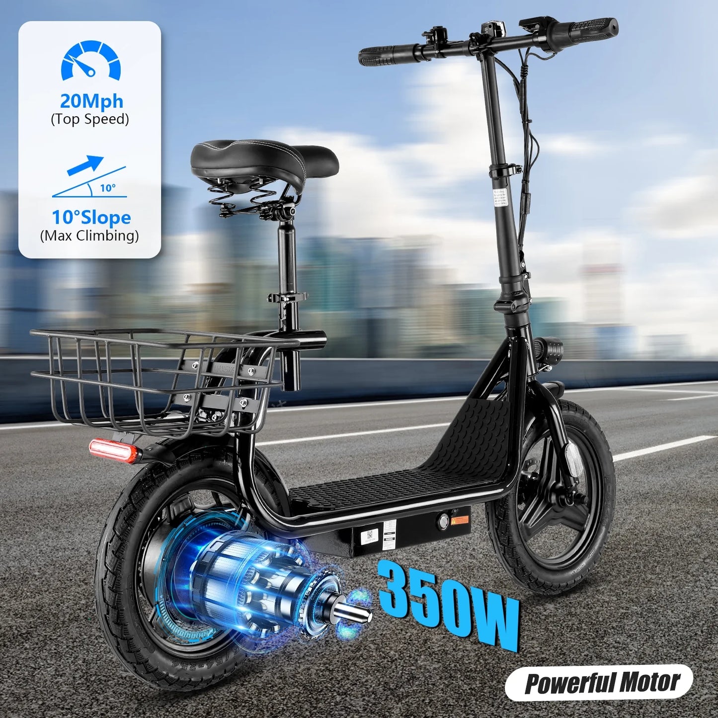 SANOPY 350W Electric Scooter with Seat for Adults, 15 Miles Range 20 Mph, 36V 5.2Ah Battery Moped, 14" Big Tire Commuter Electric Bike with Shock Absorbing, Black