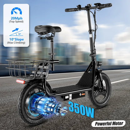 SANOPY 350W Electric Scooter with Seat for Adults, 15 Miles Range 20 Mph, 36V 5.2Ah Battery Moped, 14" Big Tire Commuter Electric Bike with Shock Absorbing, Black