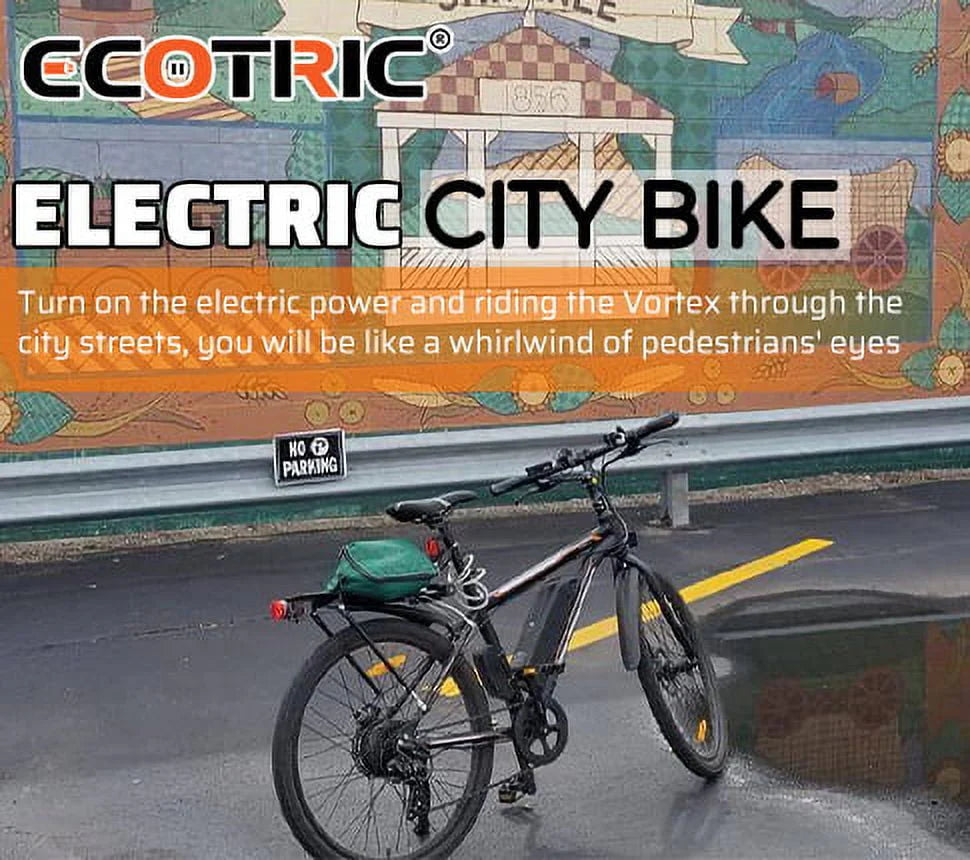 Ecotric Black 26 In. 36V 350W Electric City Bicycle e-Bike Removable Battery 7 Speed Pedal Assist